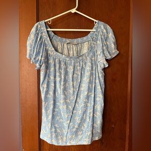 LOFT Light Blue and Cream Floral Blouse